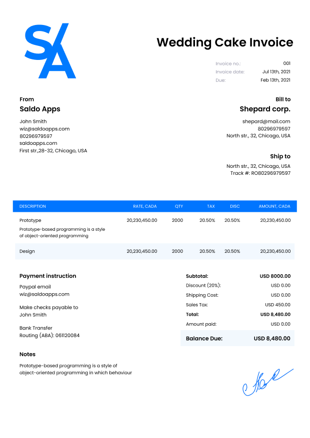 Wedding Cake Invoice Templates
